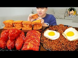 ASMR MUKBANG 직접 만든 양념 치킨먹방! 튀김만두 짜파게티 레시피 & 먹방 FRIED CHICKEN AND BLACK BEAN NOODLES EATING SOUND!