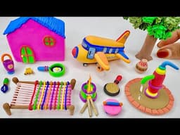 DIY How to make polymer clay miniature House, Kitchen set, Airplane, Hand pump, Charpai | clay house