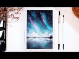 ❄️  Northern Lights Watercolor Painting Tutorial // Winter Landscape