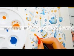 making watercolor winter composition • brush pens *relaxing*