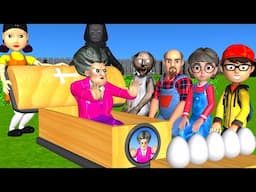 Scary Teacher 3D vs Squid Game Throw Egg Flying Who Faster Run 5 Times Challenge With Coffin Dance