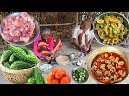 CHICKEN CURRY  And BITTER  GOURD VAJI prepared by grandma&grandpa and eating together||chicken Curry