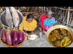 FISH CURRY with BRINJAL cooking &eating by our grandma and mother||rural life India