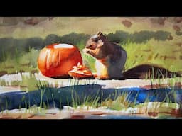 Painting using watercolor and gouache of a squirrel and pumpkin