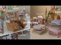 studio vlog // unboxing new stickers & preparing for shop update + packing orders 🌸