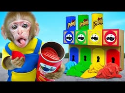 KiKi Monkey play Four Colors Challenge by Elemental Pringles Potato Chips Machine | KUDO ANIMAL KIKI