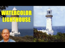 How to watercolor painting tutorial of a lighthouse. Watercolour painting and drawing lesson.