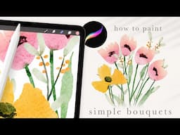 how to paint simple watercolor bouquets in procreate 💐  procreate watercolor loose floral tutorial