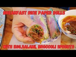 Breakfast Rice Paper Rolls with Egg, Salami, Broccoli Sprouts