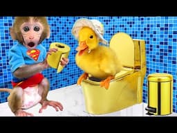 Monkey Baby Bon Bon goes to the gold toilet and gave the milk bottle to the duckling