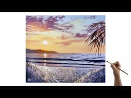 Sunset beach acrylic painting tutorial for beginners / intermediate - How to paint a Sunset beach