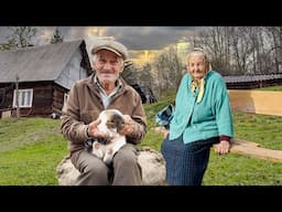 Happy old age of an elderly couple in a mountain village far from civilization