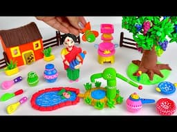 DIY How to make polymer clay miniature Village House, Kitchen set, Cycle, Doll, Hand pump| Dollhouse