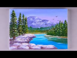 Winter Lake Painting / Landscape Painting Step By Step