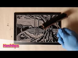 Lino cut process: "The Swing of Time." by DEB