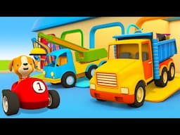 A tow truck for kids & crane truck build a playground for the puppy. NEW Car cartoons for kids.