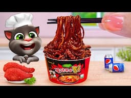 Talking Tom Best Friend 💖 Miniature Stir Fried Octopus Black Bean Spicy Noodles 💖 Tina Mini Cooking