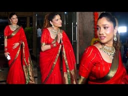 Ankita Lokhande Looking Absolute Marathi Mulghi In Red Saree With Nath @ Her Ganpati Celebration