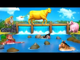 Golden Cow's Heroic Rescue! Farm Animals Epic Water Pool Adventure Diorama - Fun Farm Escape!