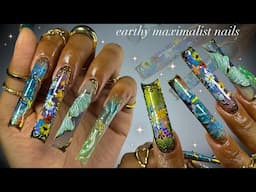 Earthy Maximalist Nails!🌿🌼⚜️✨| long acrylic nails + exquisite nail art✨