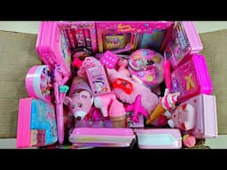 Box full of ultimate pink stationery items, collection of pencil box, eraser, makeup box, sharpener