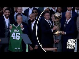 Biden jokes, dribbles basketball as he hosts NBA champs in first event since turning 82