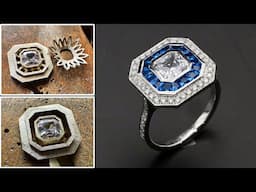 Make 18K white gold ring with diamond and blue sapphire - handmade diamond engagement ring