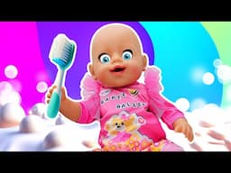 Baby Emily doll's morning routine: brush teeth & pretend to play cooking toy baby food for dolls.