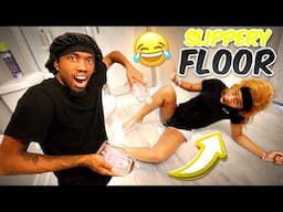 EXTREME SLIPPERY FLOOR PRANK ON GIRLFRIEND!