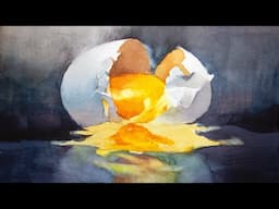 Watercolor painting a cracked egg with reflection