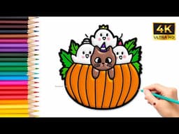 Spooky Halloween Cat & Ghost in Pumpkin Drawing Tutorial 🎃👻 (Step by step drawing)!!! @bambinoartz