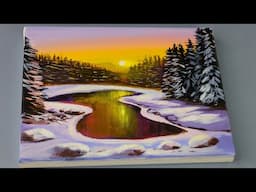 Winter lake painting / Winter Sunset Landscape painting / Easy For Beginners