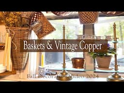 WEAVED BASKETS, VINTAGE COPPER, & BLUE/WHITES ~ MAKING A KITCHEN WINDOW VALANCE FOR FALL