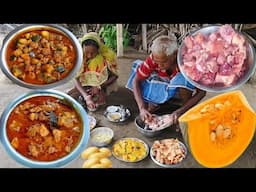 village cooking CHICKEN MEAT CURRY And ALU KUMRO Recipe prepared for eating lunch.