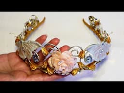 Flower Tiara with polymer clay rose and butterflies, leaves with gold leaf 23 ct. Diy headband crown