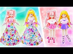 プリキュアのドレスを手作り❤️わんだふるぷりきゅあ！のキュアワンダフル、キュアフレンディが変身✨リカちゃん人形に粘土衣装とキラキラなリメイクDIY⭐️100円ショップの材料でわんぷり工作🌼声真似