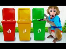 Monkey Baby Bon Bon clean up trash in the park with ducklings and eat milk bottle jelly with puppy