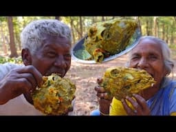 2 big size full Mutton head masala curry cooking by tribe grandma and grandfather | Goat head curry