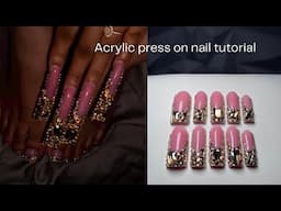 Acrylic press on nail tutorial 💎 gold rinestone nail art step by step, acrylic application