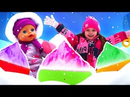 Maya and Baby Annabell doll make snow ice cream for toy Olaf. Family fun stories for kids.