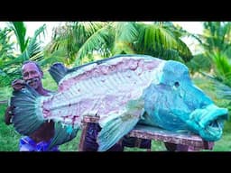 WORLD RARE FISH BONE SOUP RECIPE | MONSTER PARROT FISH HEALTHY SOUP | VILLAGE GRANDPA