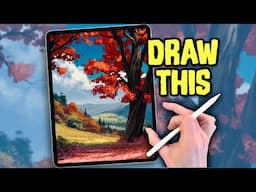 PROCREATE ANIME style DRAWING Tutorial - Autumn Red Tree Landscape