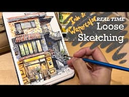 How I sketch an urban scene with ink and watercolour| shops in Seoul