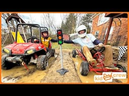 Mud racing kids ride on truck vs. dad's go-kart through mud, jump, and woods. Educational | Kid Crew