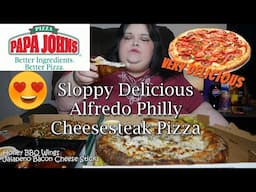 Alfredo Philly Cheesesteak Pizza from Papa John's with Honey BBQ Wings Mukbang