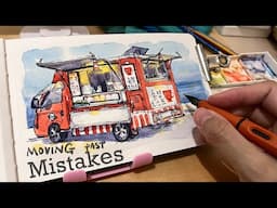 [Real time]Loose sketching with ink and watercolor| Moving past mistakes