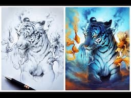 Turning a pencil sketch into a digital artwork - speed painting photoshop - surreal tiger and fish