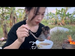 Baby monkey Nahu and his mother make sweet soup