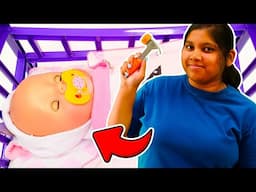 The baby doll needs help! The toy bed is broken. Family videos for kids with dolls & toys.