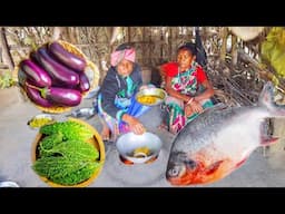 FISH CURRY with BRINJAL and KARELA VAJI recipe cooking & eating by santali tribe old couple